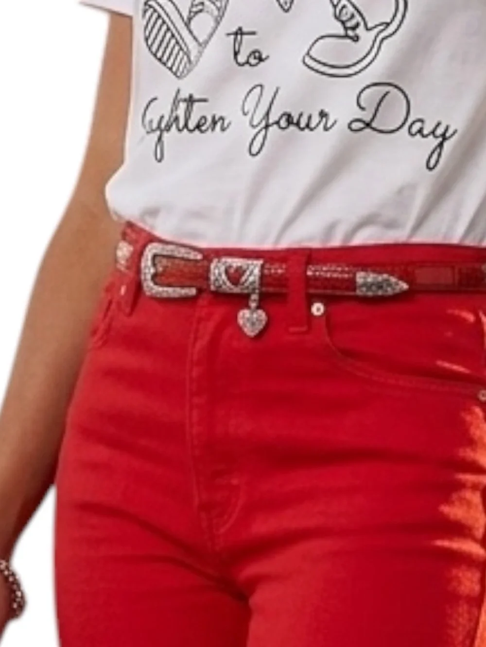 Brighton Croc Embossed Red Leather Belt Heart Charm Skinny Womens Size S 28 - Picture 9 of 9